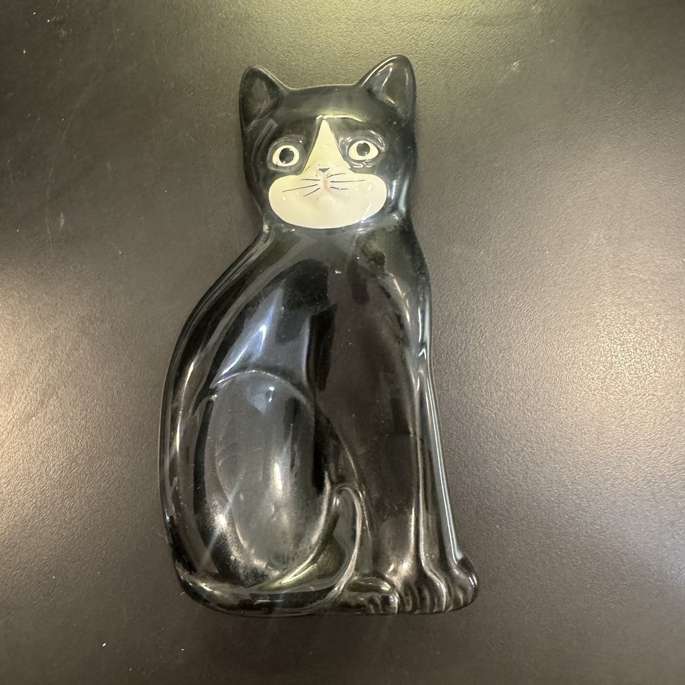 Vtg Ceramic Black Cat Spoon Rest Tea Bag Hand Painted 7x4 Trinket Dish Ashtray